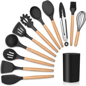 Conjunto Utensílios Cozinha em Silicone Cabo de Madeira Kit 12 Peças Leve Premium Antiaderente Espátula Duráveis Confeitar Organizar Cozinhar Resistentes Altas Temperaturas...