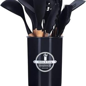 Kit 12 Utensílios Cozinha Silicone Cabo Madeira Resistente Calor Jogo de Utensilios Antiaderente Premium (PRETO)